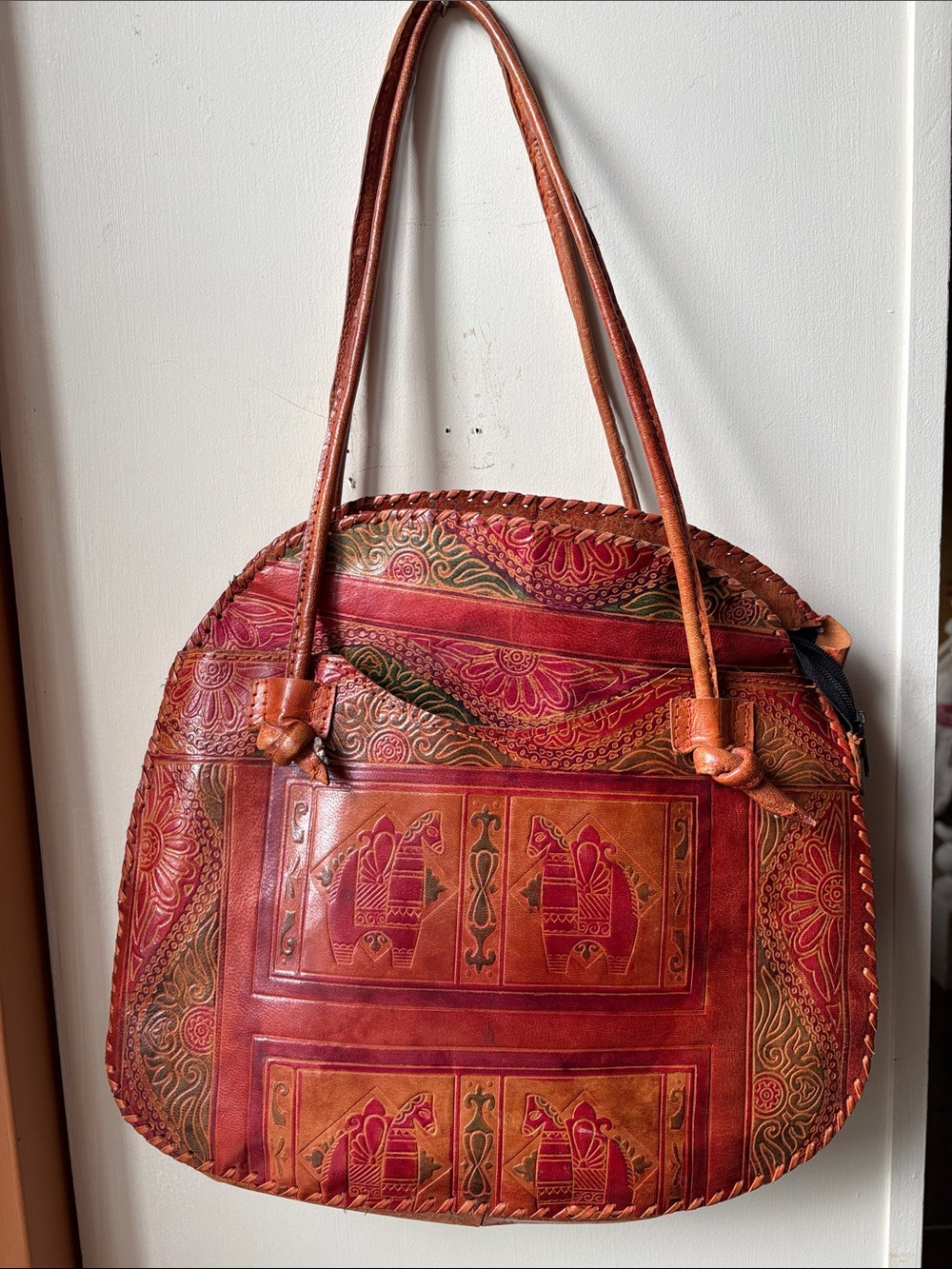 Allison Daley Red Leather Tooled Shoulder Bag with Green and Tan Accents